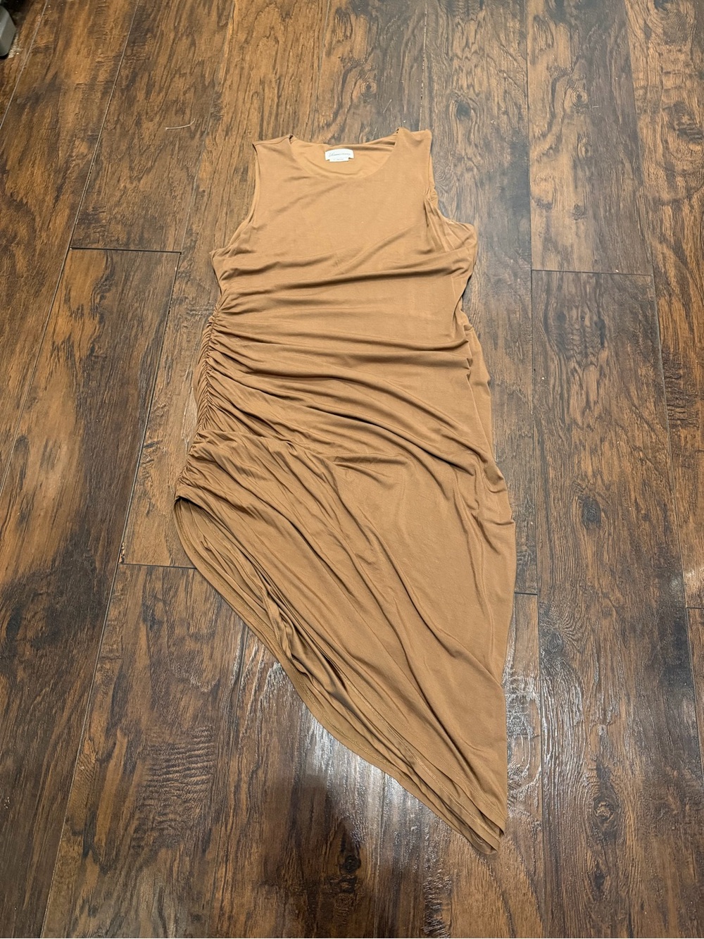 Lovers + Friends Sleeveless Asymmetrical Ruched Dress in Camel Brown